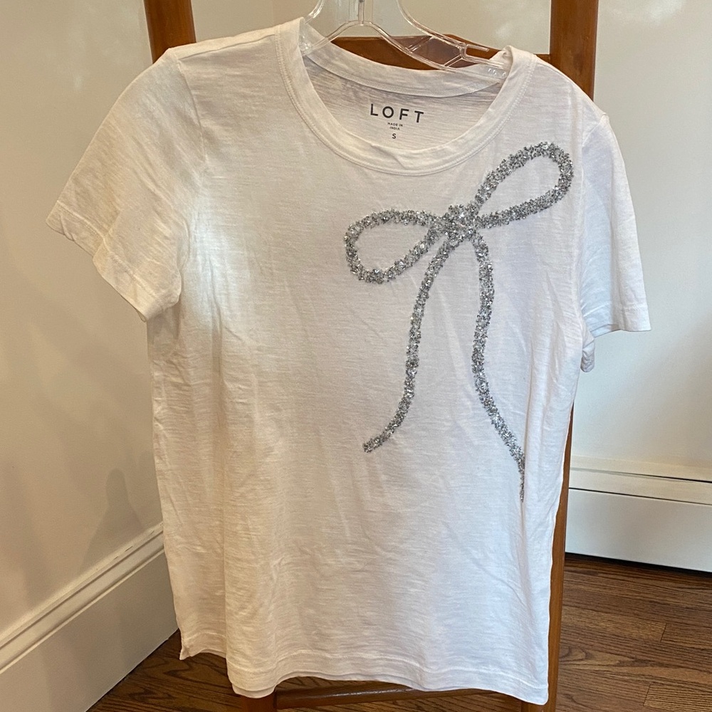 LOFT White Tee with Glittery Silver Bow